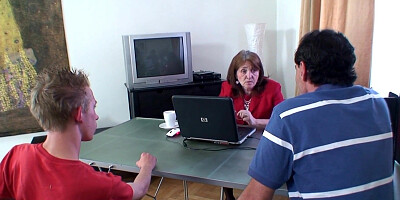 2 boys pummel older office mature manager