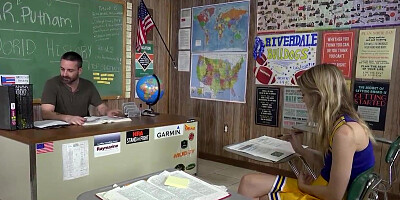 Slender platinum-blonde cheerleader with lil', inborn jugs is gargling wood and getting pounded, in the classroom