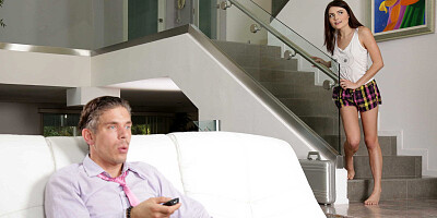 Petite brunette Adria Rae gets screwed in the living room