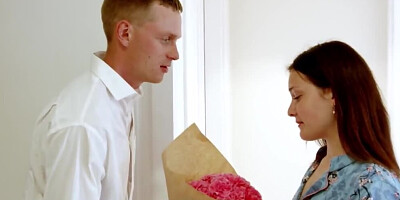 Full of zeal man gives flower to girlfriend for the sake of sex