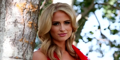 Blonde takes off red dress to tease her cunt in the birch forest