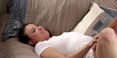 A slim stepmom is opening up her wet cunt lips for the guy