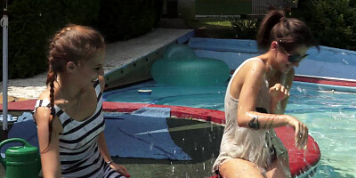 Awesome teens are having group sex with some old ladies in the pool