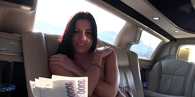 Eveline Dellai sucks cock & rides a hard dick in the back of a limo