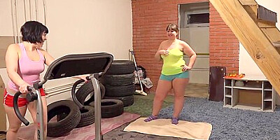 Fitness with a break for orgasm, lesbian licks fatty girlfriend hairy pussy