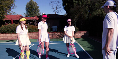 Three eager tennis babes getting fucked on court