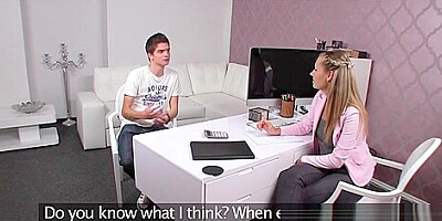 Young guy wanks and fucks female agent