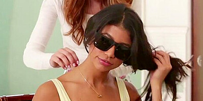 Brunette petite Ellena Woods guides blind teen 18+ Veronica Rodriquez into lesbian sex