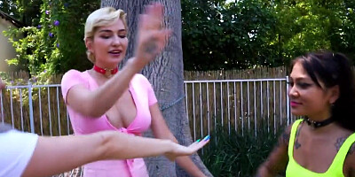 Colorful fishnet foursome with cosplay besties