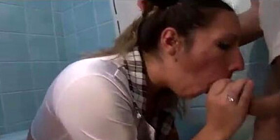Whorish teenage is gargling 2 firm bones in the locker guest room and getting nailed like never before