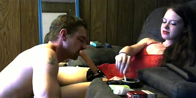 Nasty dark-haired makes her step- dad inhale her faux hard-on and humps him from the back