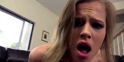 Enticing ash-blonde nubile with blue eyes is fellating and railing a hefty pecker, on the bed