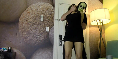 Hooded man is using duct gauze to confine a yam-sized jugged damsel, so he could grope her