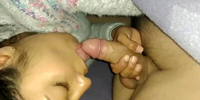 Spanish dark haired is fellating her step- stepbro's prick early in the morning, to make him jism