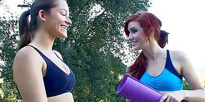 Sporty brunettes fuck indoors after yoga session
