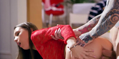 Chick in red long sleeve top assfucked by tattooed hubby on floor