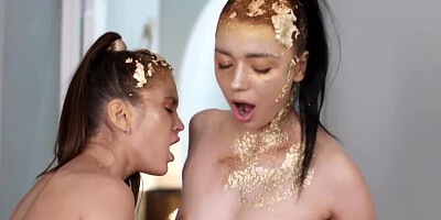 Divine young hotties invite a man to a threesome sex party