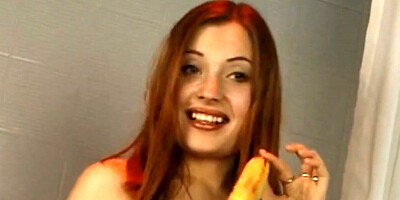 A banana isn',t enough for her, so she tries his small dick instead