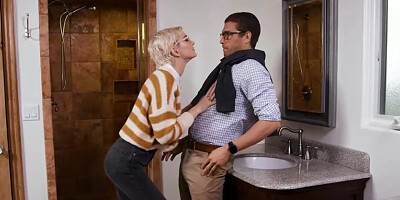 Brief haired, nerdy ash-blonde with glasses, Skye Blue got her daily portion of hard-core smash