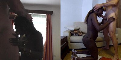 Shy African babe sucking big white dick