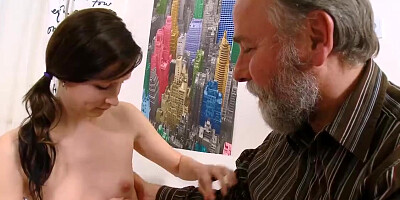 Barely legal Jenya's snatch takes balls deep old man's dick & gets face cum