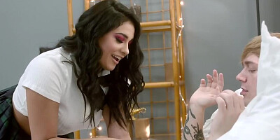 Joshua scores Serena's cunt then cums on her and Daisie's breasts