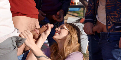 Busty cougar is face-fucked outside by a horny fellows