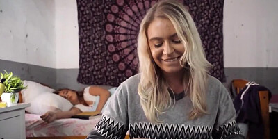 Sneaky dorm room blowjob from pretty faced Krissy Knight