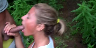 Blonde is on her knees, pleasing a guy with her tongue