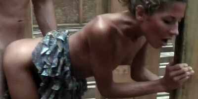 Blonde is on her knees, pleasing a guy with her tongue