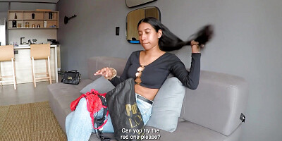 Sexy busty latin teen plays hard to get before getting on her knees POV