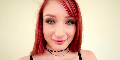 Pale redhead Violet Monroe deep-throats the director's diamond-hard boner