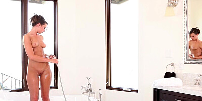 Sally Charles gives her lover a bj & gets fucked in the bathroom