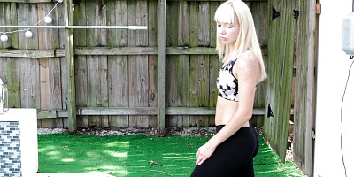 Yoga chick Sveera stretches outside and then loses her yoga