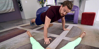 Yoga beauty Ember Snow makes a guy stretch her little asshole