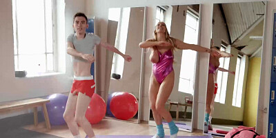 Aerobics instructor Rebecca More having flexible sex with a young stud
