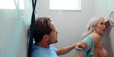 Busty blonde MILF in fishnets seduces hung plumber stud