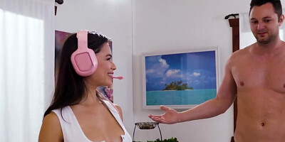 Brunette chick is pulled by the hair and fucked from behind