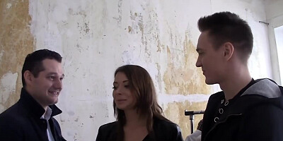 Teen slut Mila Noir sucks two dicks at once for money