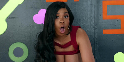 Black-skinned lady with immense body shapes has fun with white lad