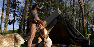 Aruba Jasmine and Peta Jensen pleasuring tattooed stallion outdoors