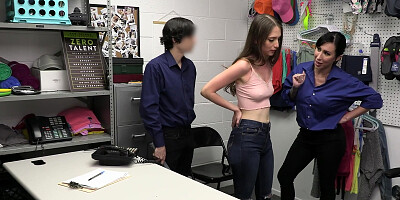 Suspected thief Izzy Lush fucks for mercy with security officer and Lily Lane