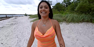 Spicy latina with big naturals gets fucked on the beach