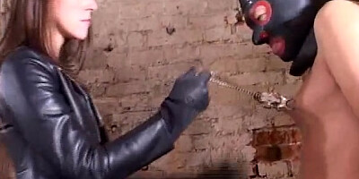 Leather masked sub jerking his cock while being nipple tortured & dominated