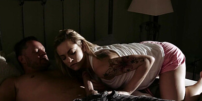 Young nympho Dahlia Sky pleasuring her stepdad in bed