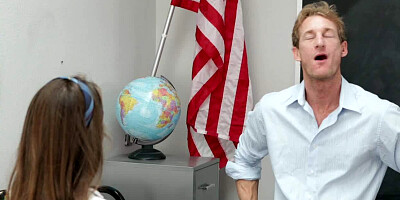 Uniform girl Bridget Bond sucks the piston and gets roughly bent over table and fucked