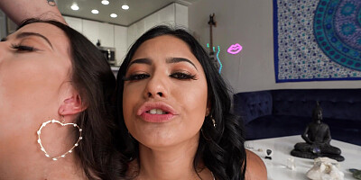 Serena Santos and Natalie Brooks are sucking cock and licking balls