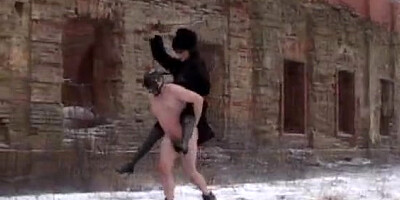 Goddess ballbusting and rides her masked pony slave outdoors
