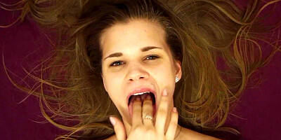 Petite babe gently caresses her pussy solo