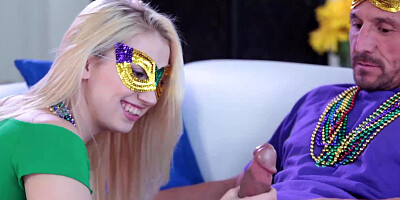 Masked Sierra Nicole fucking bff's dad's dick in mardi gras madness part 1